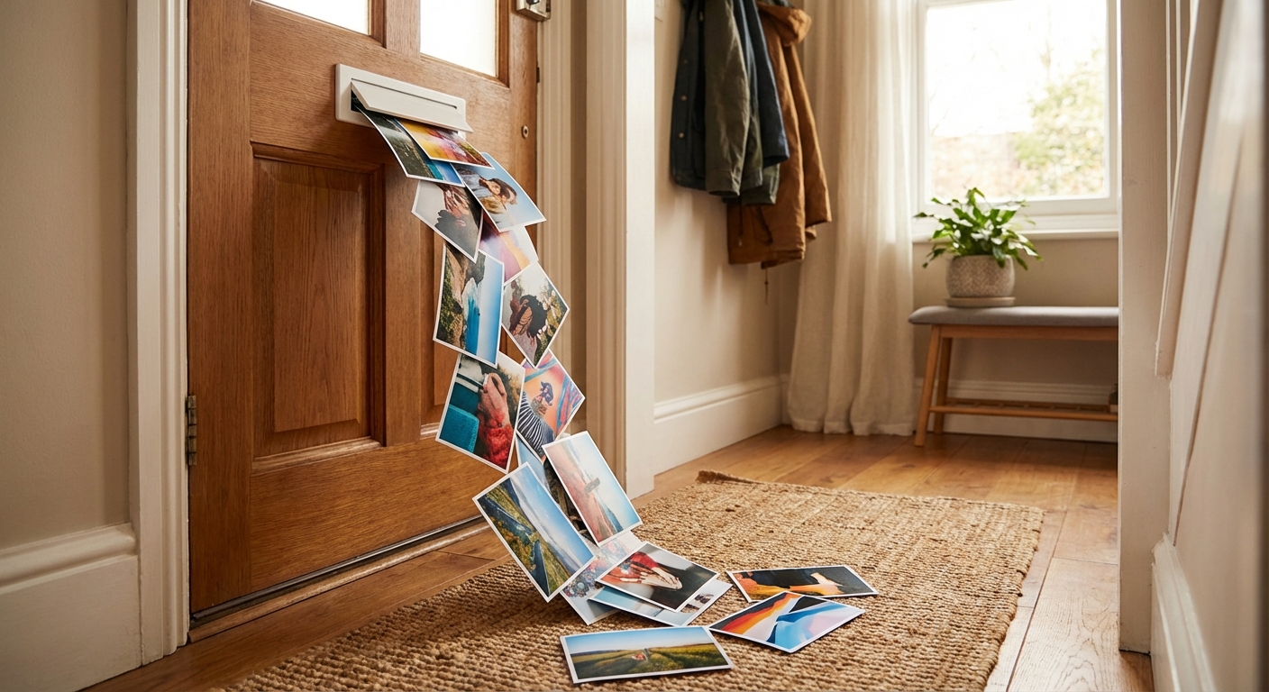 Photo prints arriving through a letterbox