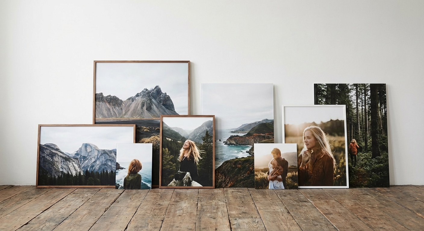 Large format prints leaning against a wall